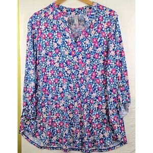 Dear Scarlett Blouse Womens Medium Long Sleeve Floral Blue